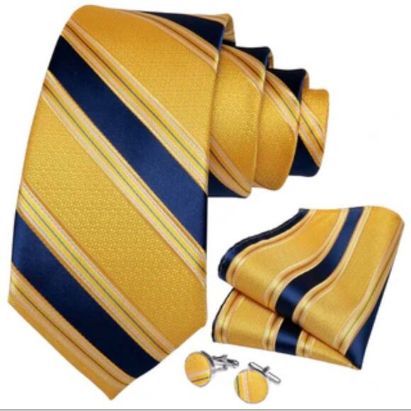 DiBanGu Gold Navy Blue Striped Tie Set with Cufflinks & Pocket Square Gift Box - Picture 2 of 8